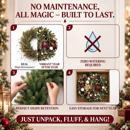 🦌🎄 Vintage Woodland Reindeer Christmas Wreath ✨ Burgundy & Gold Holiday Door Decor