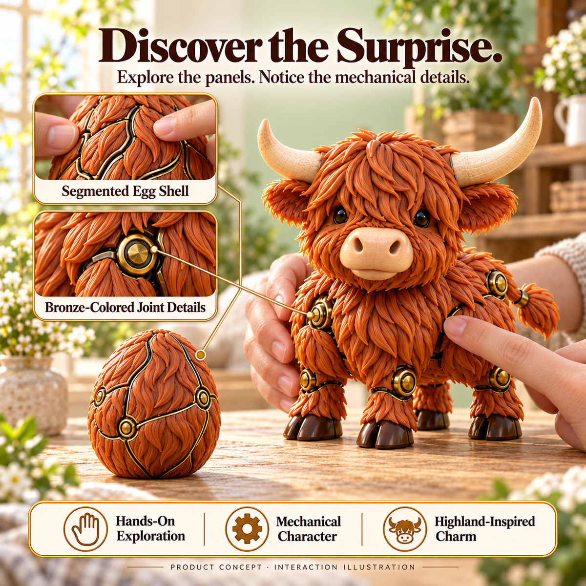 Highland cow egg character concept being examined by hand