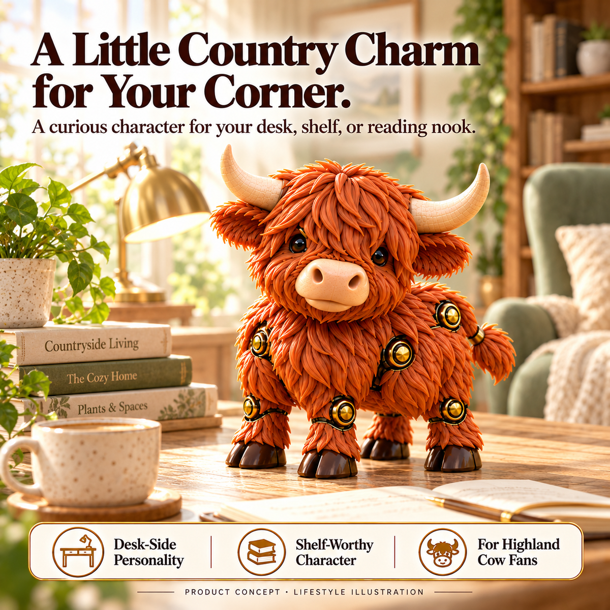Highland cow egg character displayed beside a desk