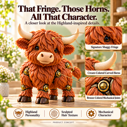 Highland cow collectible with fringe horns and mechanical accents