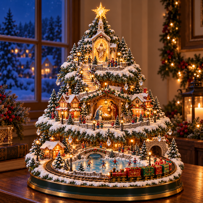 Illuminated Nativity Village Train Tree