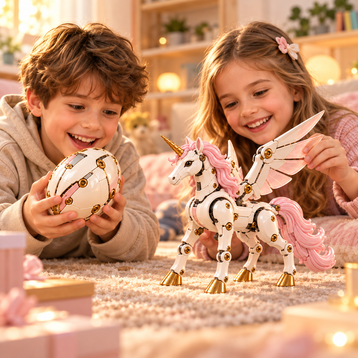 Two children excitedly exploring the mechanical unicorn egg and its pink-and-white winged unicorn transformation in a warm playroom