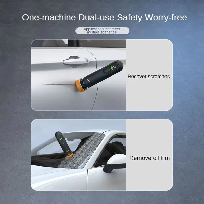 Cordless mini polisher shown on automotive paint and exterior glass