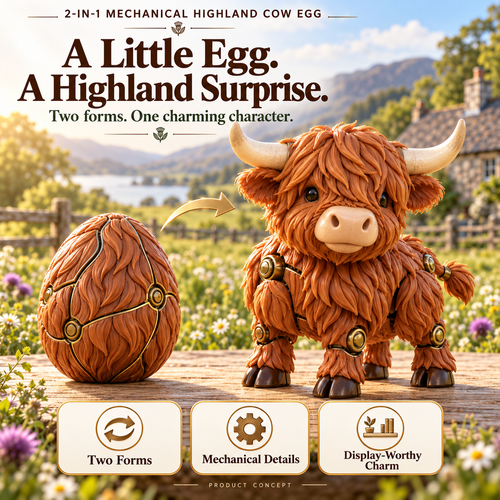 Highland cow transforming egg concept showcase