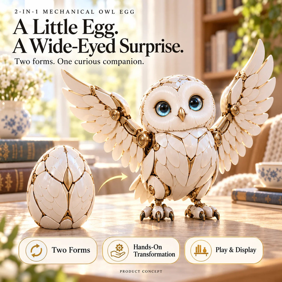 Mechanical owl egg collectible two-form design