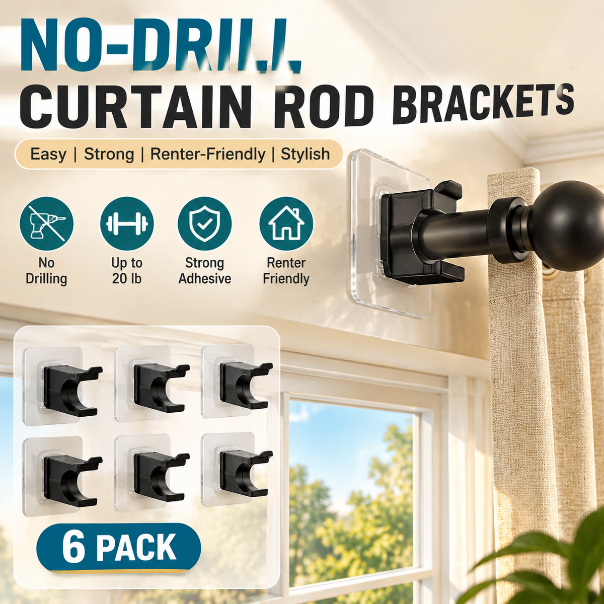 No-Drill Curtain Rod Brackets – Easy Peel & Stick, 4-Pack