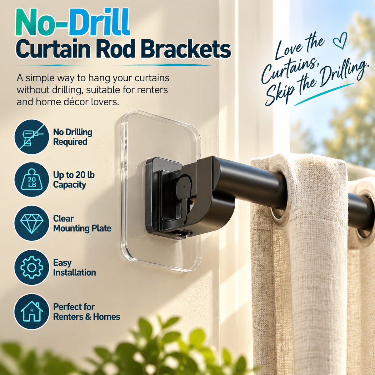 No-Drill Curtain Rod Brackets – Easy Peel & Stick, 4-Pack