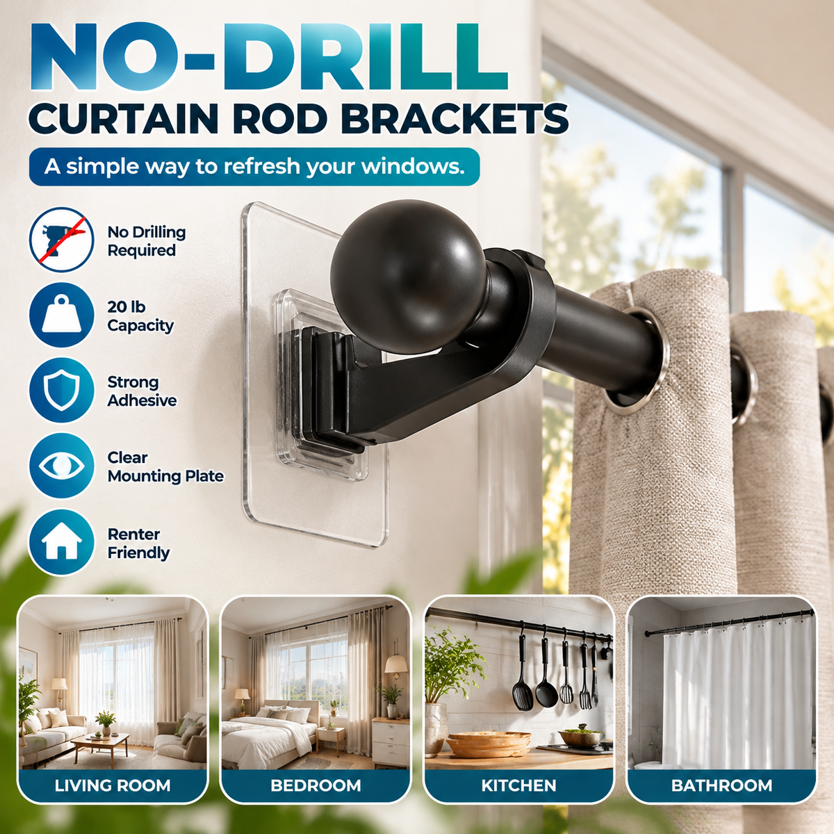 No-Drill Curtain Rod Brackets – Easy Peel & Stick, 4-Pack