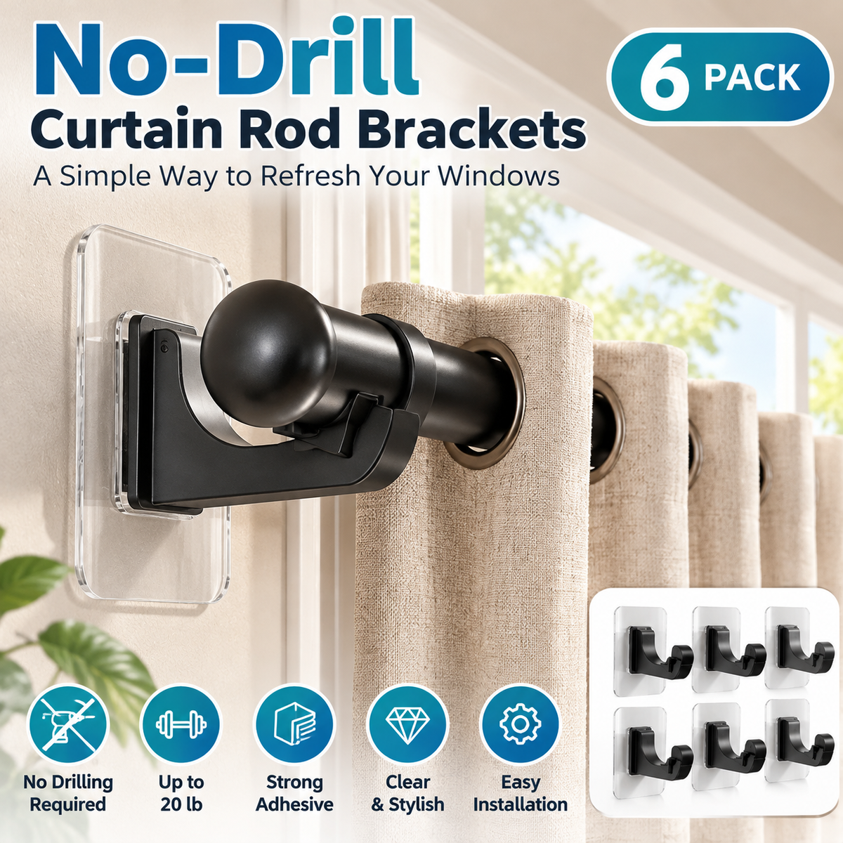 No-Drill Curtain Rod Brackets – Easy Peel & Stick, 4-Pack