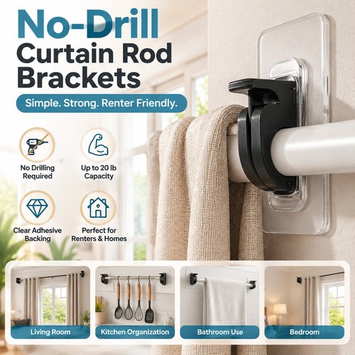 No-Drill Curtain Rod Brackets – Easy Peel & Stick, 4-Pack