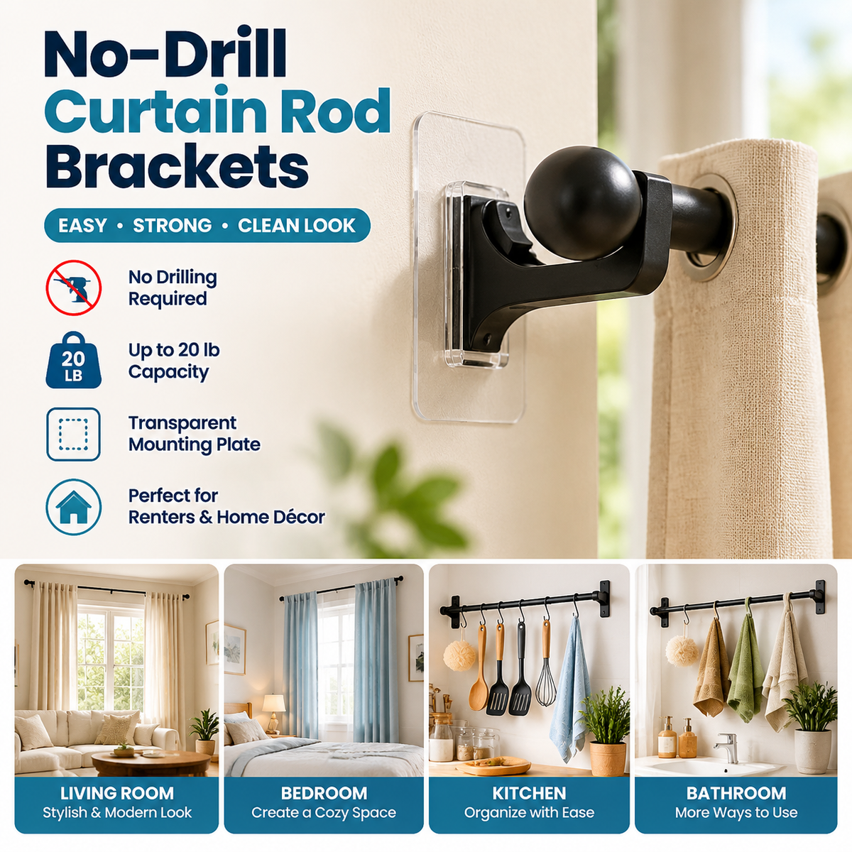 No-Drill Curtain Rod Brackets – Easy Peel & Stick, 4-Pack