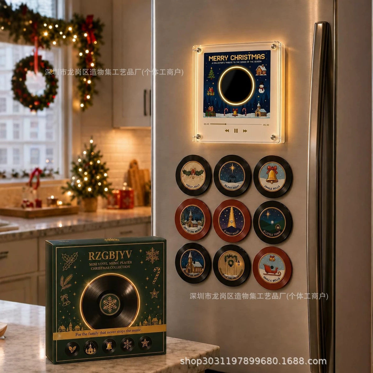 🎄🎶 Christmas Mini Vinyl Record Player Fridge Magnet ✨🎅 Light-Up Musical Christmas Decor 🎁❄️ Interchangeable Holiday Song Discs