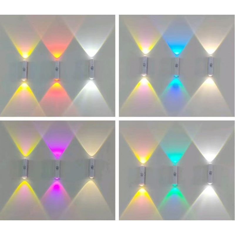 Rechargeable wall lights displaying several different color combinations