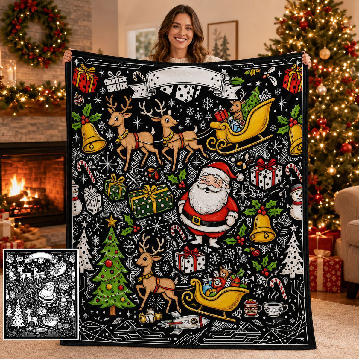 DIY Christmas coloring blanket with Santa reindeer and holiday artwork