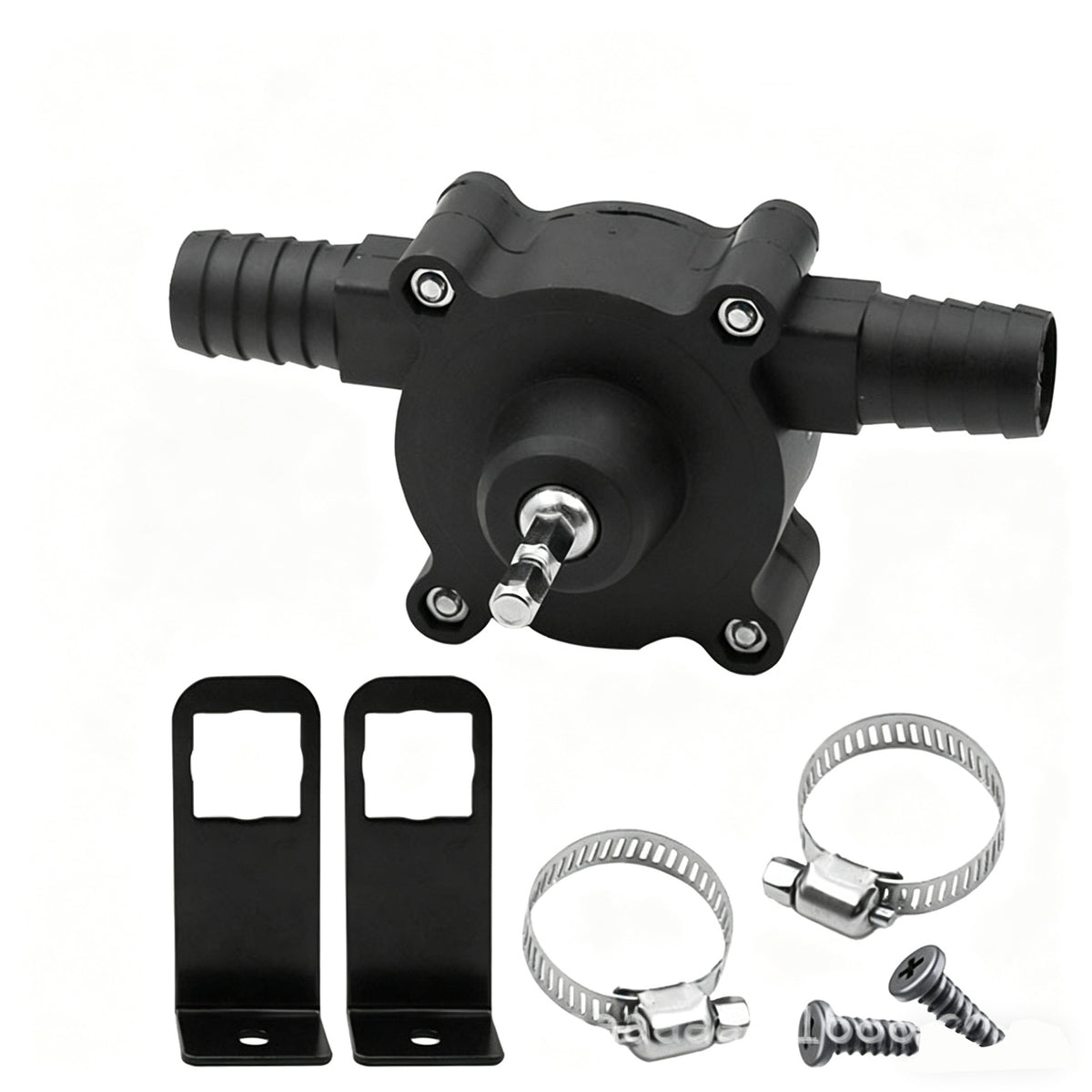 Black compact drill-driven fluid transfer pump with mounting brackets hose clamps and screws
