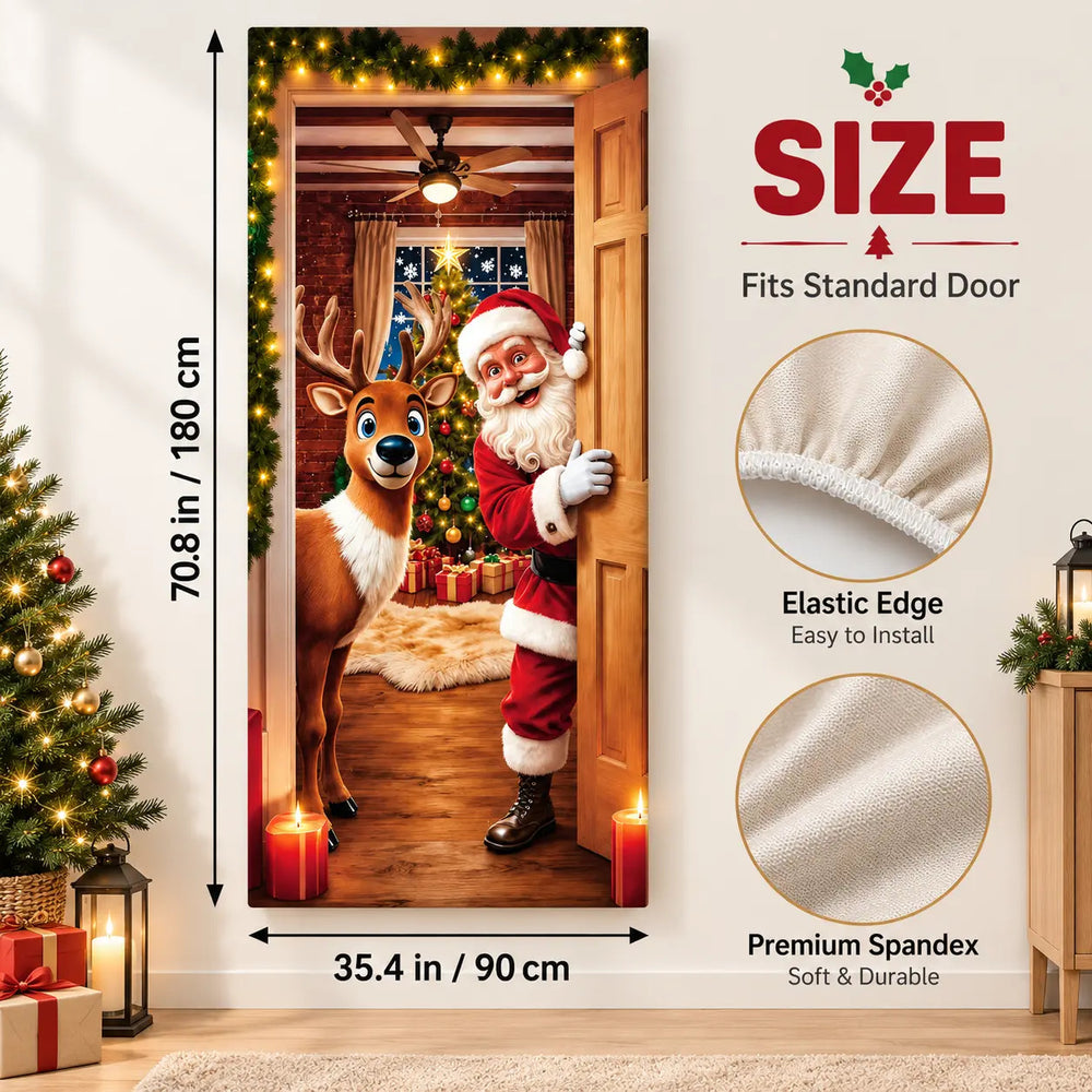 Christmas door cover size guide showing approximate dimensions of 90 by 180 centimeters and elastic edging