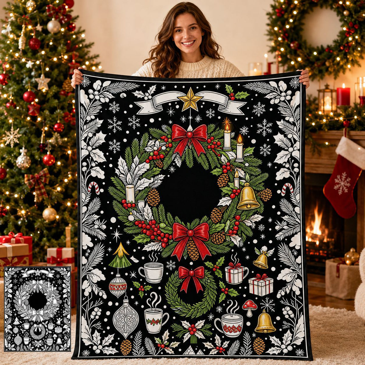 DIY Christmas wreath coloring blanket displayed in a family holiday setting