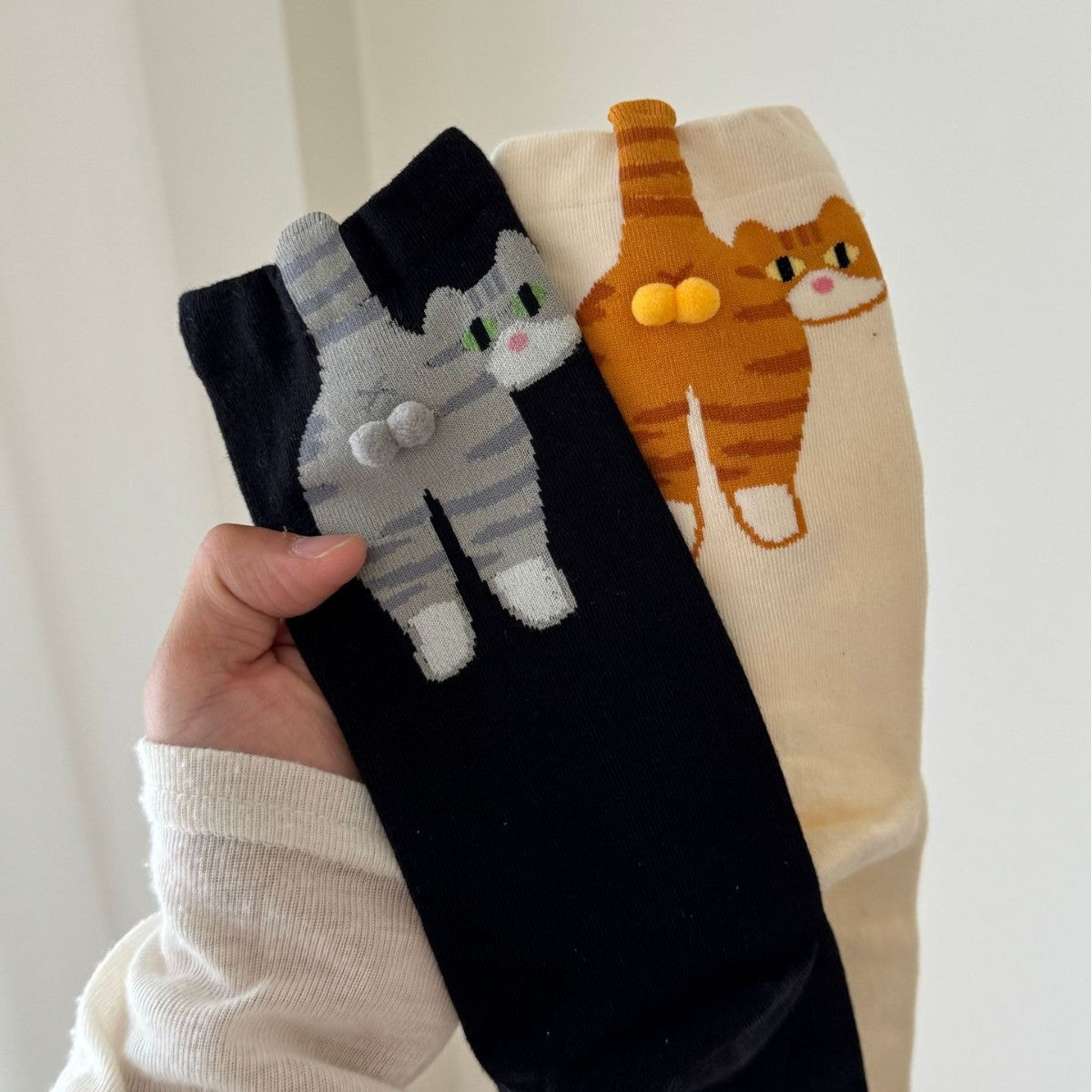 Cute Cat Socks with Balls for Women & Men | Fun 3D Pom-Pom Animal Crew Socks