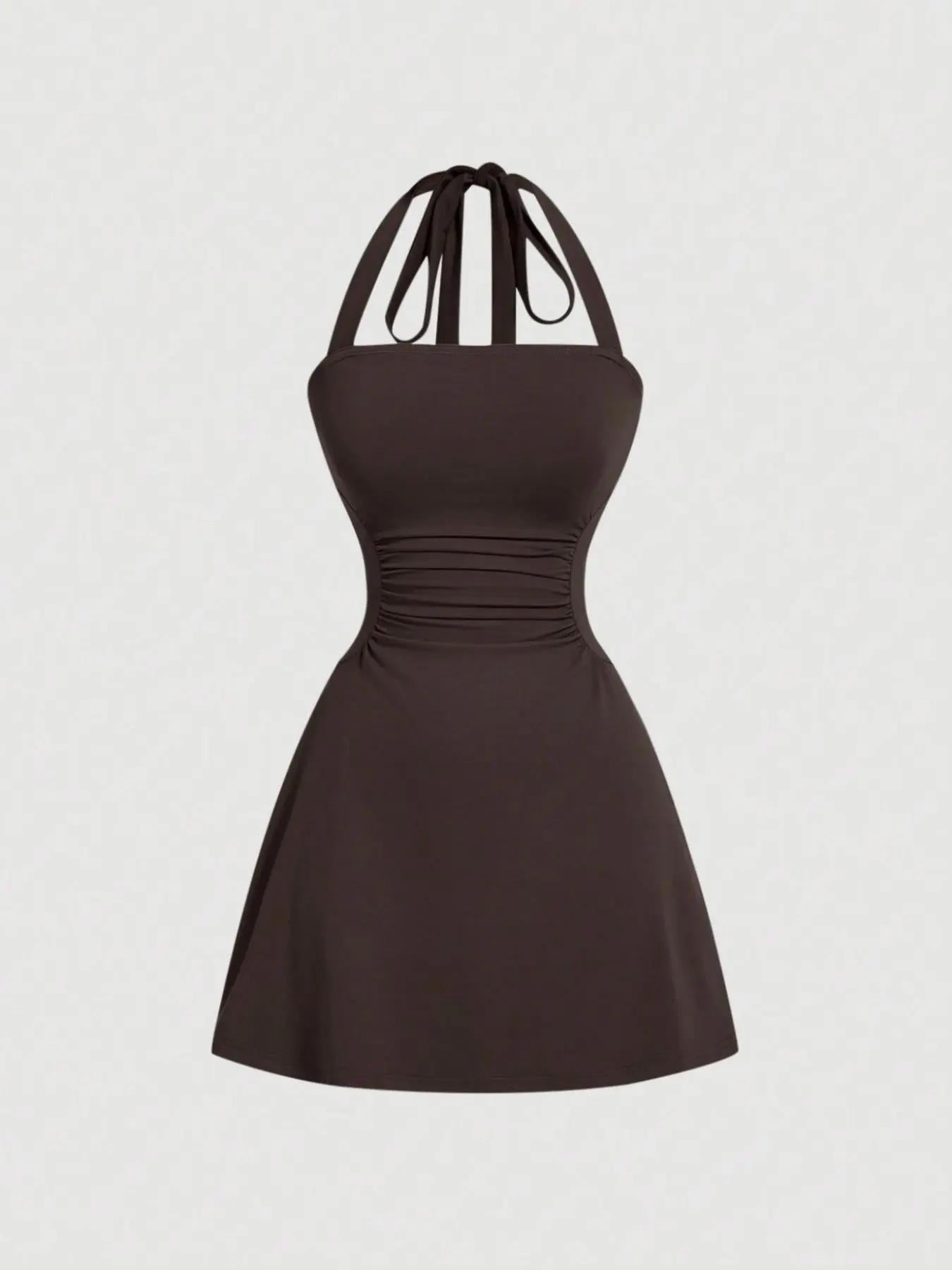 👗Women's Ruched Tie Back Halter Neck A-Line Mini Dress – Sleeveless Casual Summer Dress