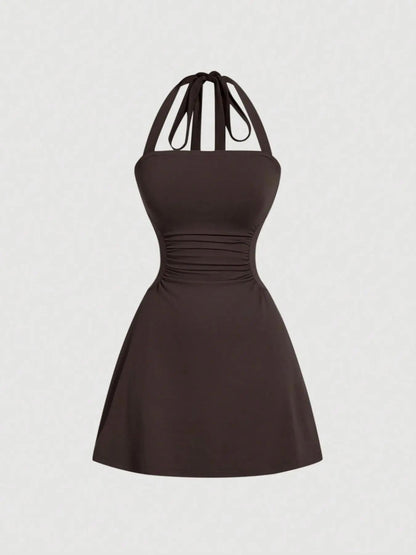 👗Women's Ruched Tie Back Halter Neck A-Line Mini Dress – Sleeveless Casual Summer Dress