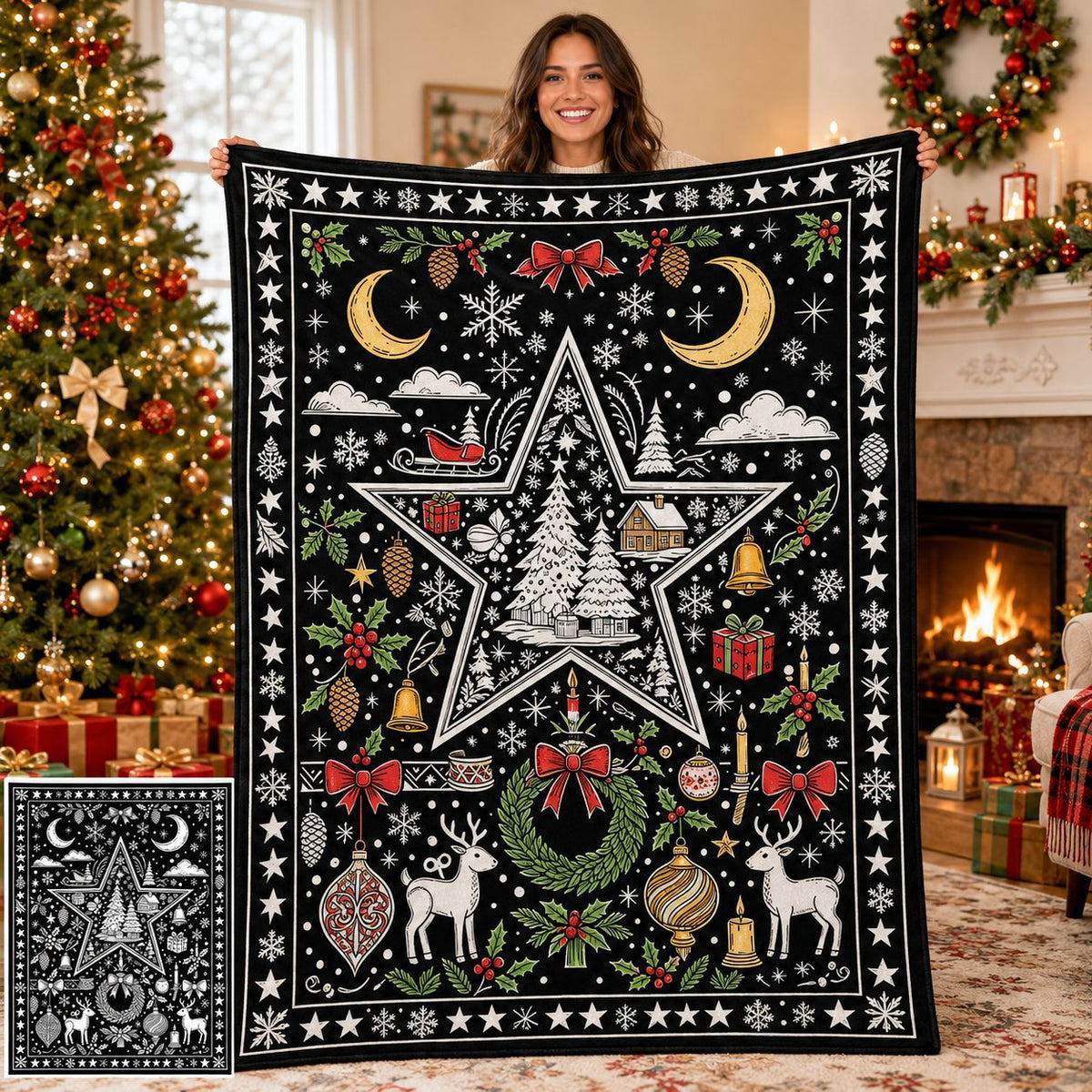 Christmas star and wreath color-your-own blanket