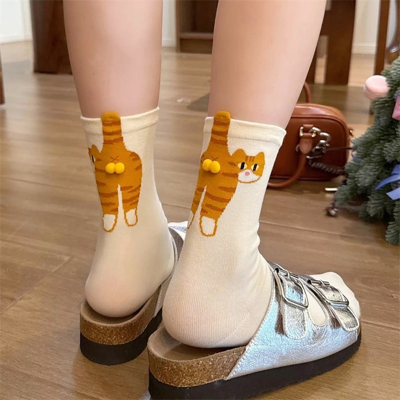 Cute Cat Socks with Balls for Women & Men | Fun 3D Pom-Pom Animal Crew Socks