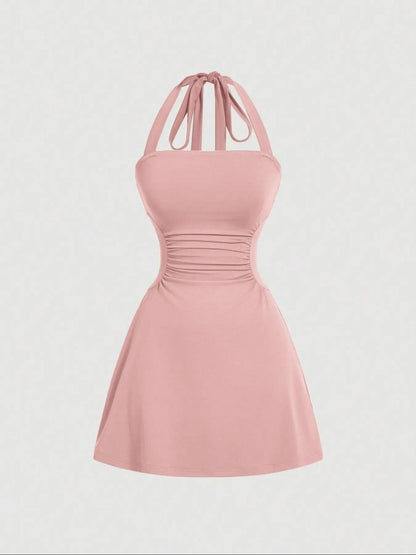 👗Women's Ruched Tie Back Halter Neck A-Line Mini Dress – Sleeveless Casual Summer Dress