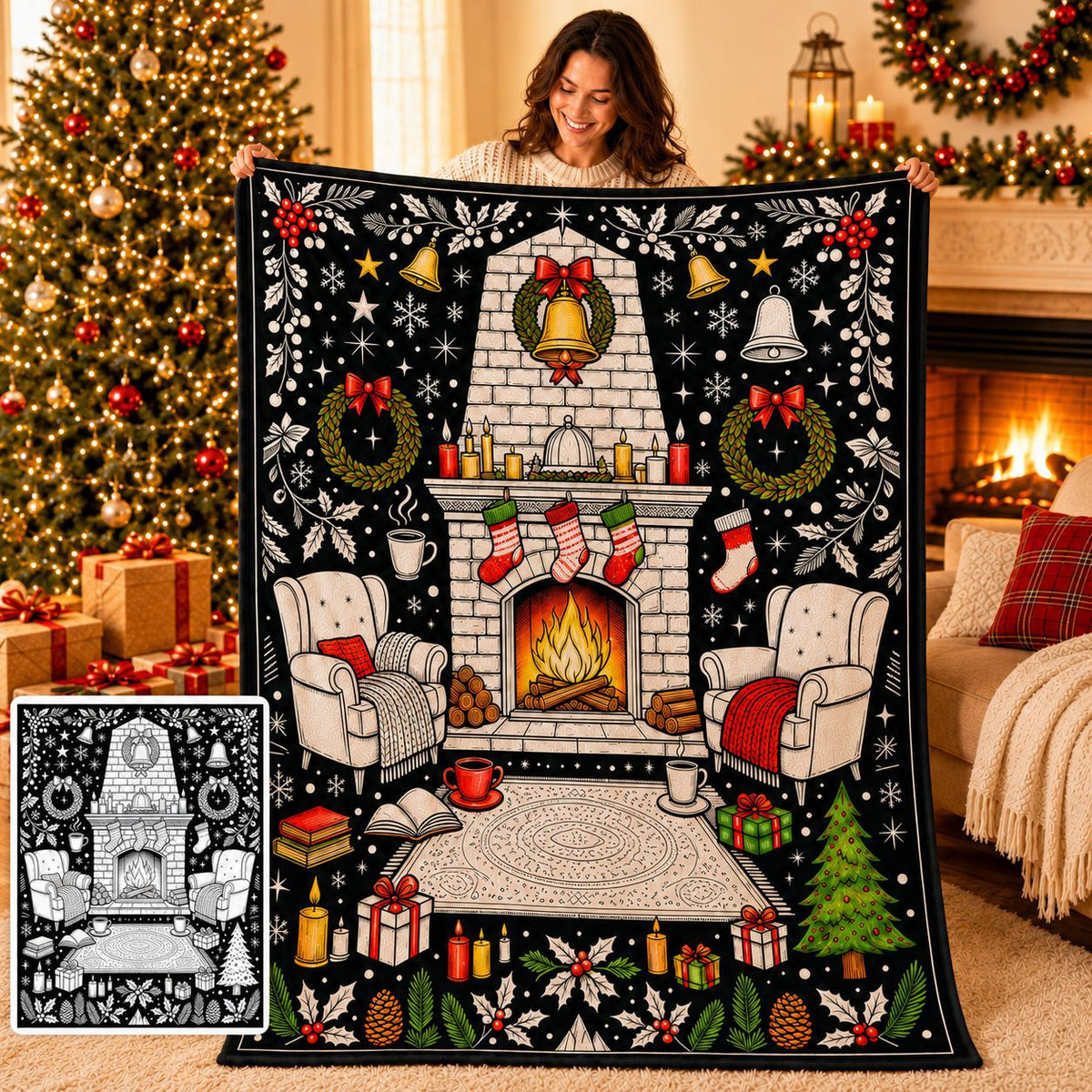 Christmas fireplace themed DIY coloring blanket