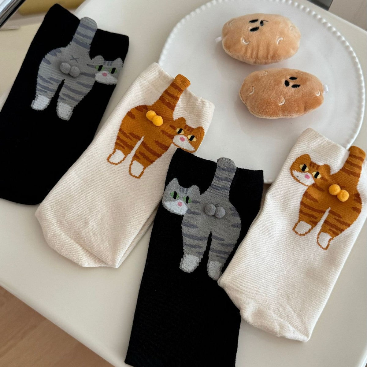 Cute Cat Socks with Balls for Women & Men | Fun 3D Pom-Pom Animal Crew Socks