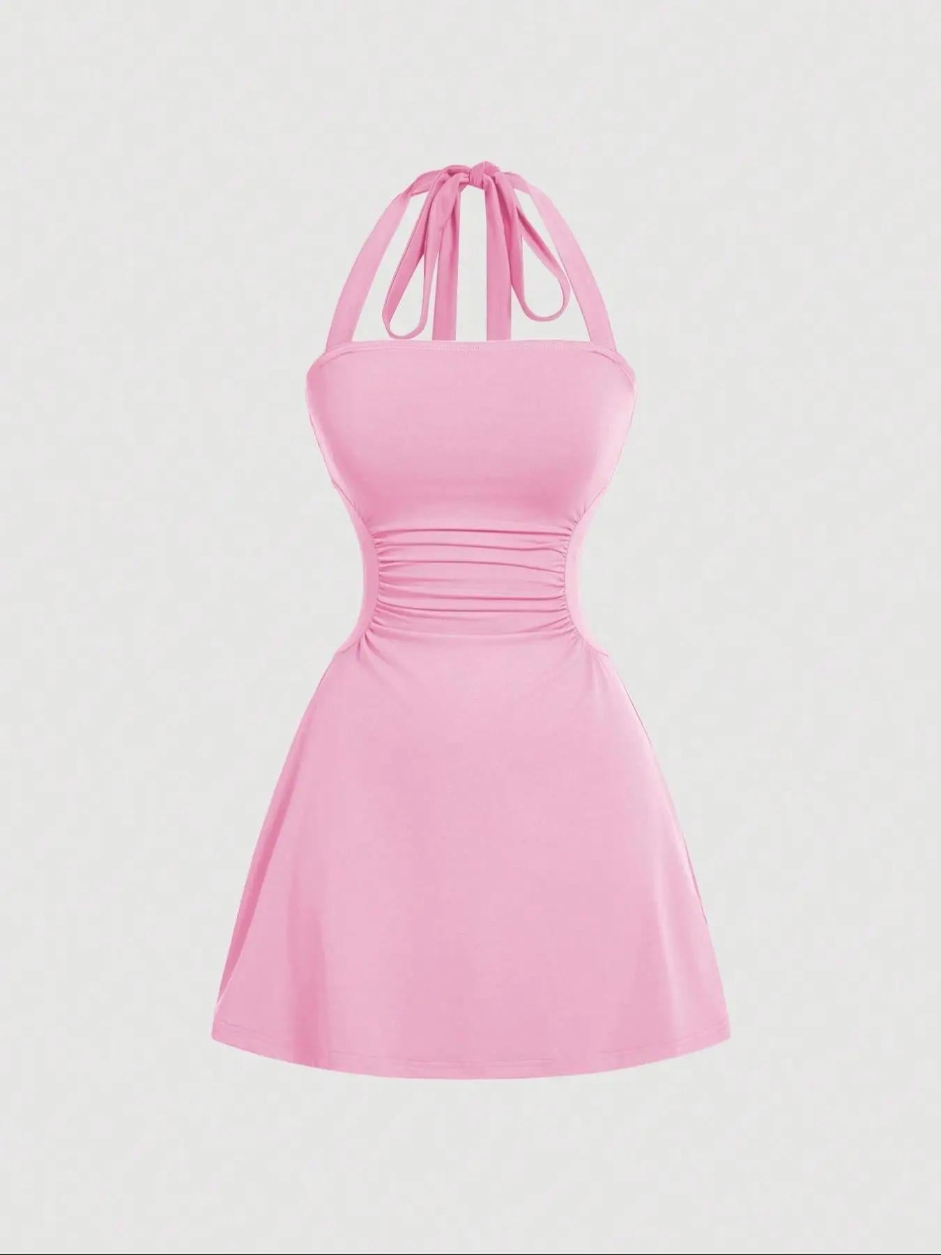 👗Women's Ruched Tie Back Halter Neck A-Line Mini Dress – Sleeveless Casual Summer Dress