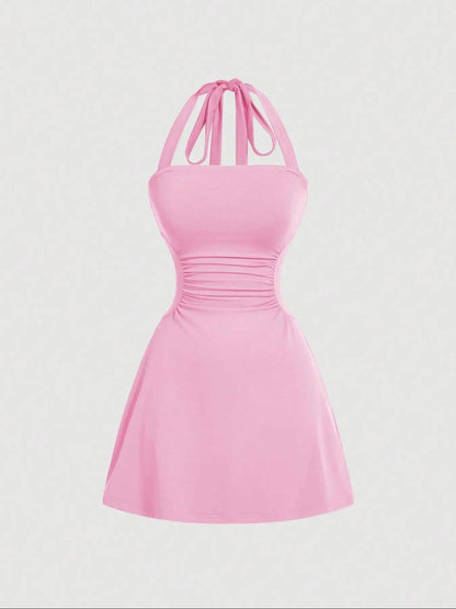 👗Women's Ruched Tie Back Halter Neck A-Line Mini Dress – Sleeveless Casual Summer Dress