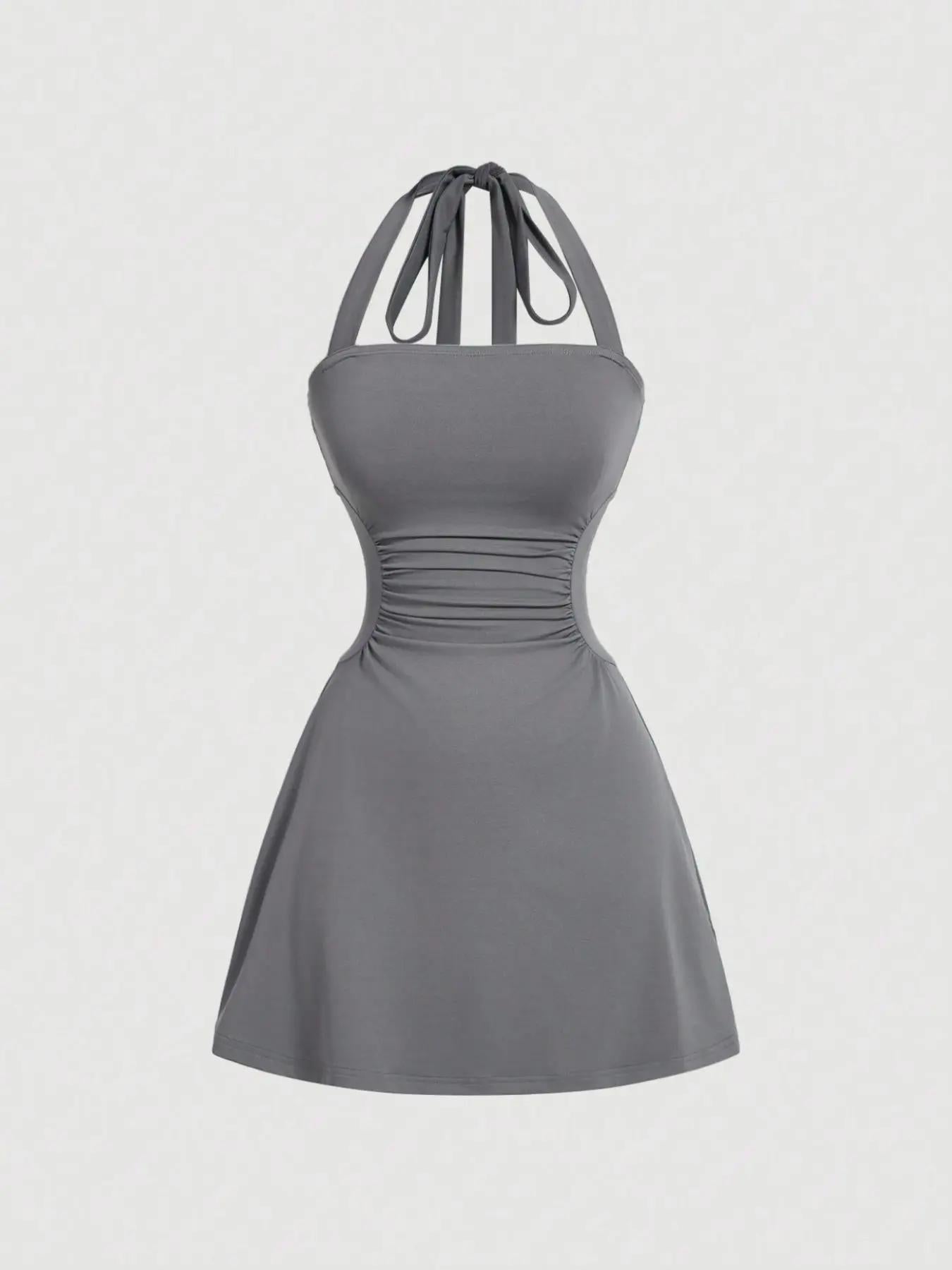👗Women's Ruched Tie Back Halter Neck A-Line Mini Dress – Sleeveless Casual Summer Dress