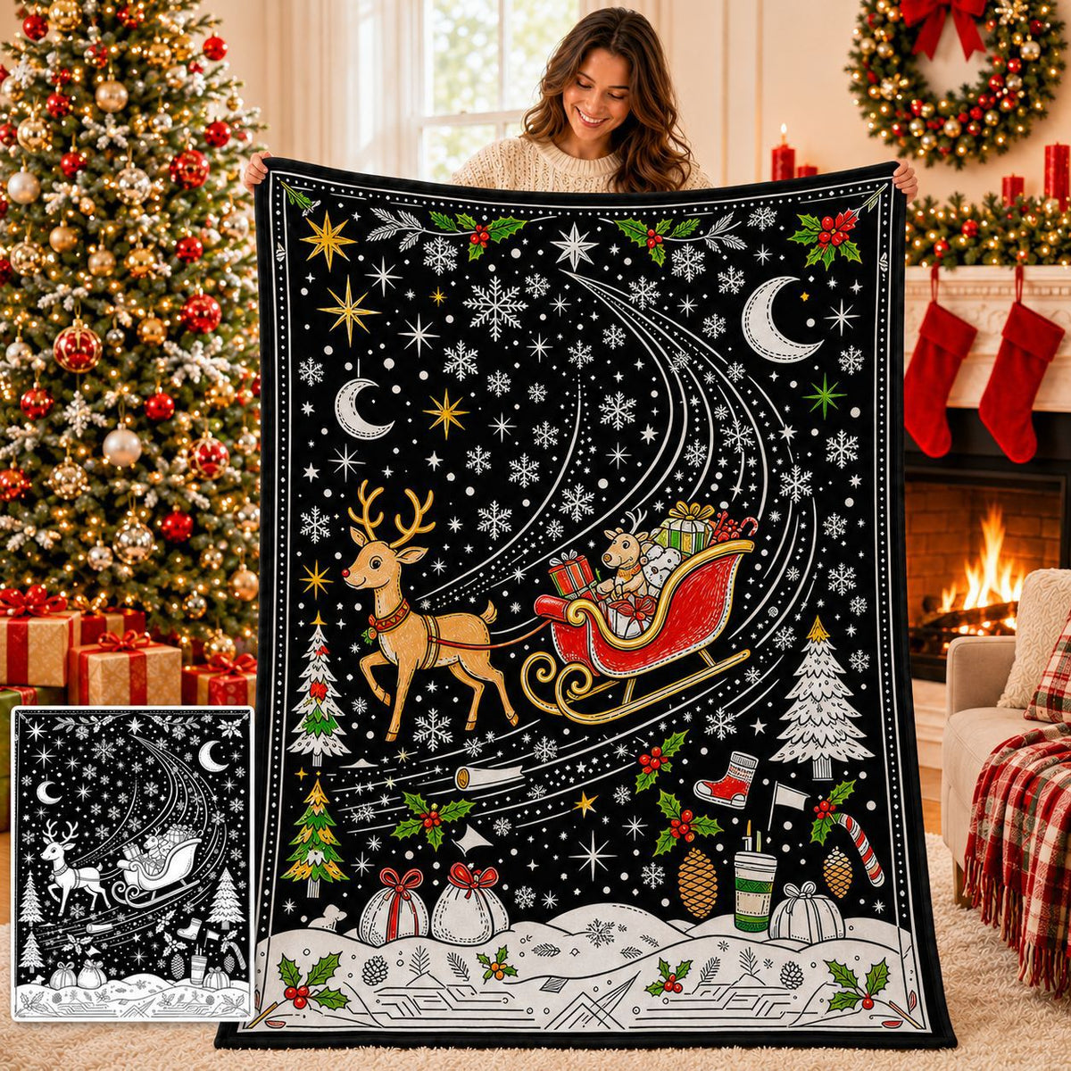 Santa sleigh themed Christmas coloring blanket
