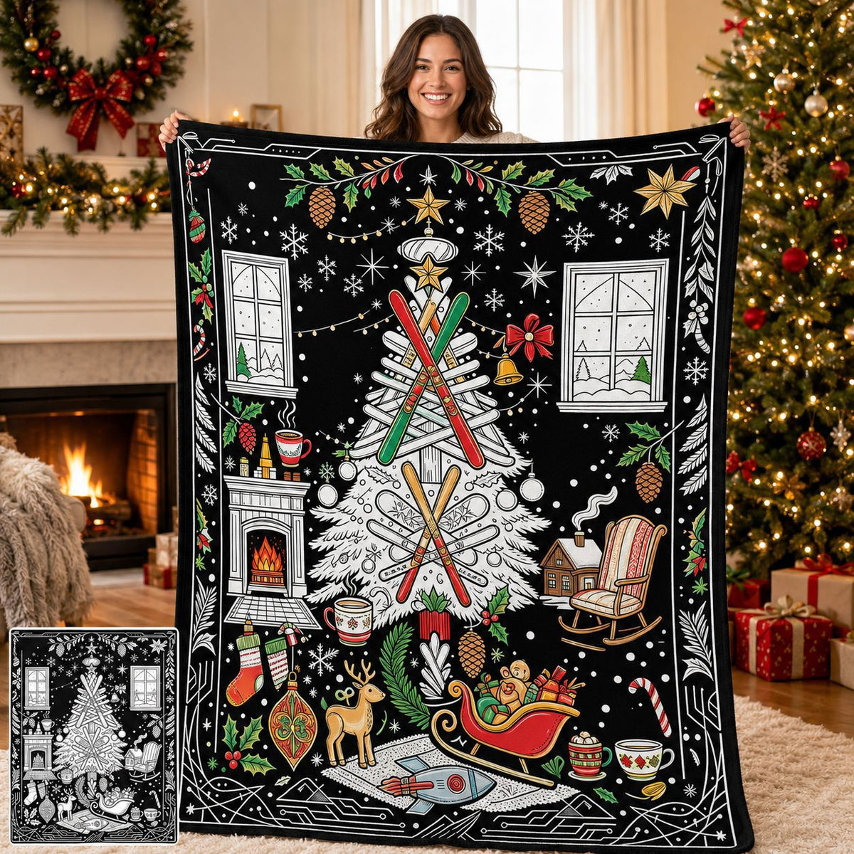 Christmas tree themed color-your-own blanket held in a decorated holiday living room