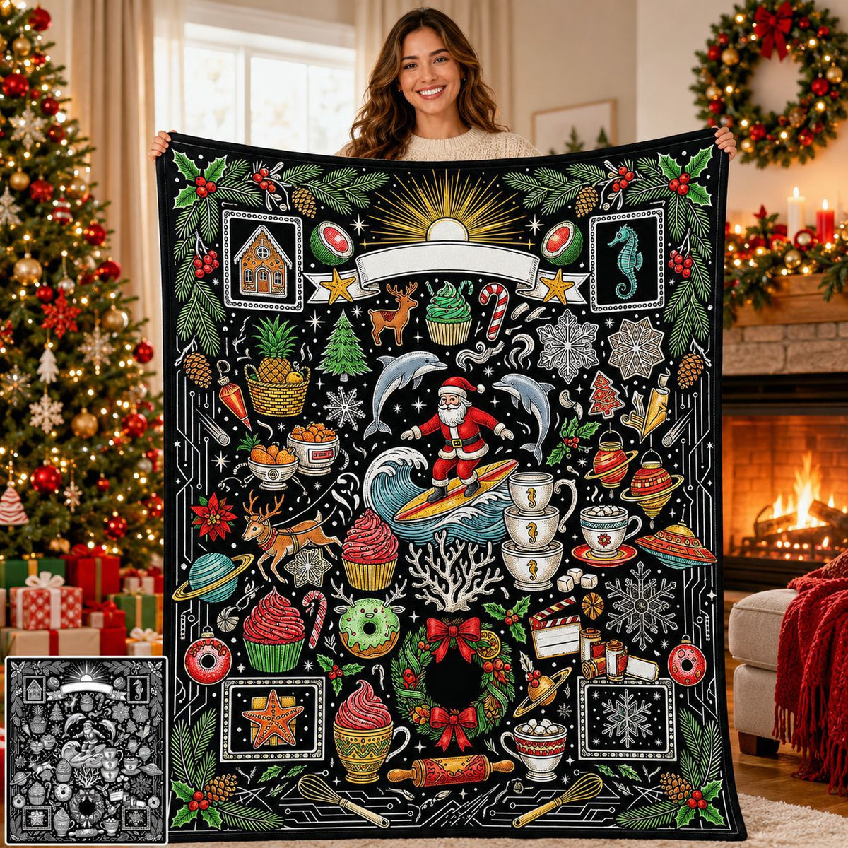Christmas coloring blanket showing black and white artwork beside the colored result