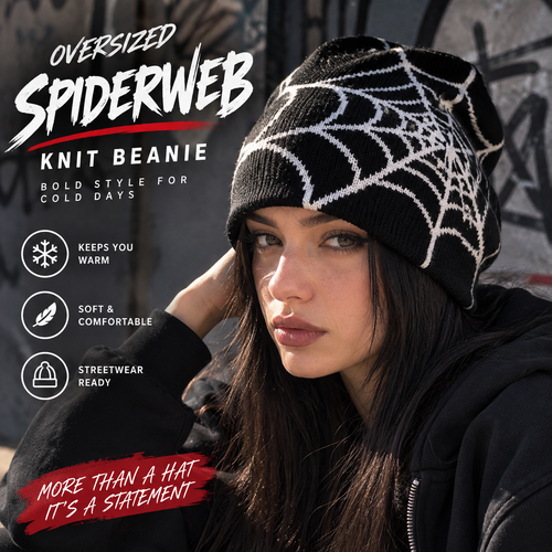 Oversized Spiderweb Knit Beanie – Bold Contrast Streetwear Winter Hat