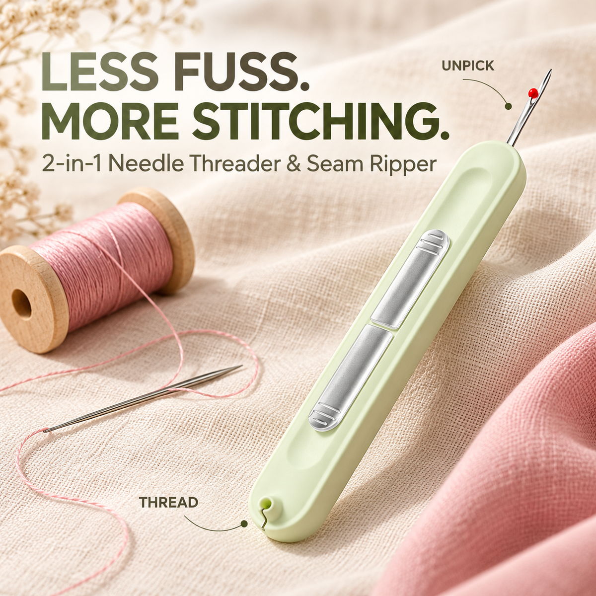 Pistachio two-in-one needle threader and seam ripper beside thread and fabric