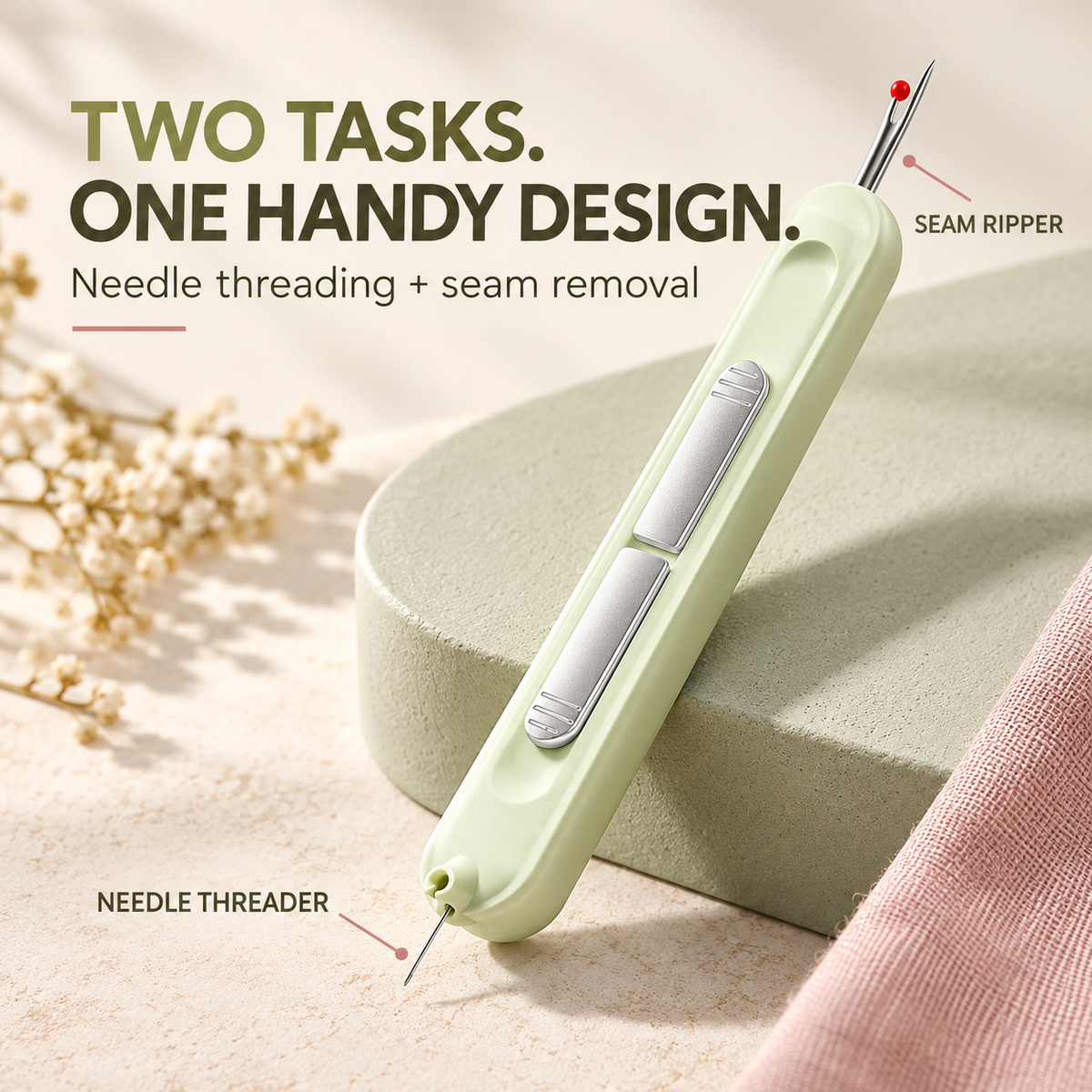 Needle threader and seam ripper integrated into one compact sewing tool