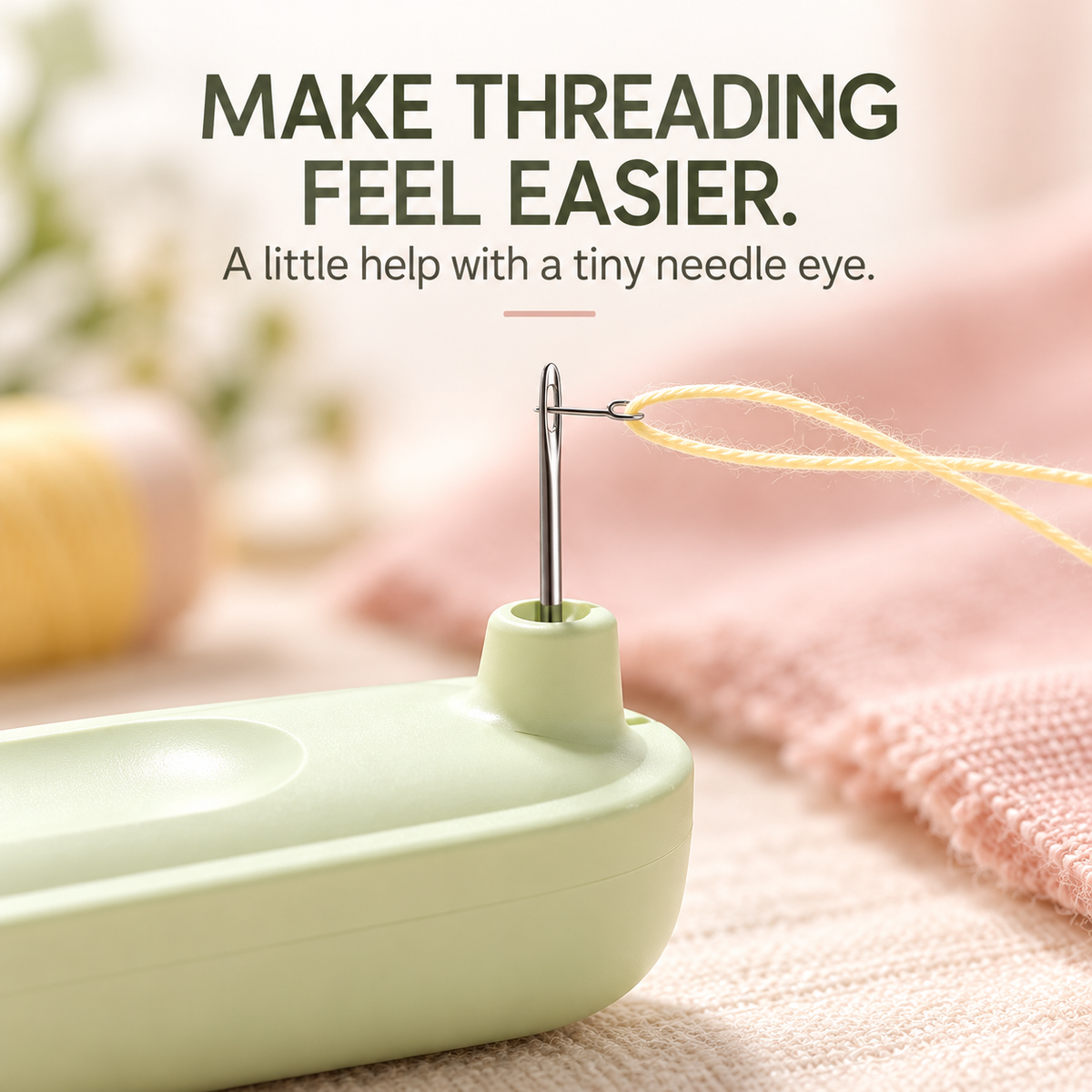 Needle held in threading opening with thread being pulled through eye