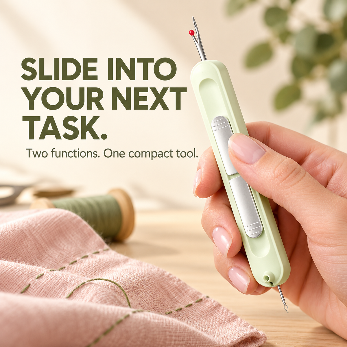 Hand holding two-in-one sewing tool with two sliding controls