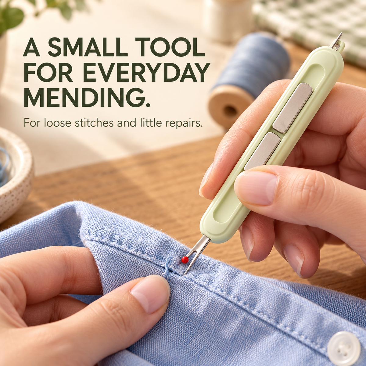 Using compact seam ripper for everyday clothing repair