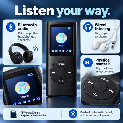 Bluetooth audio output, wired earphones and physical controls