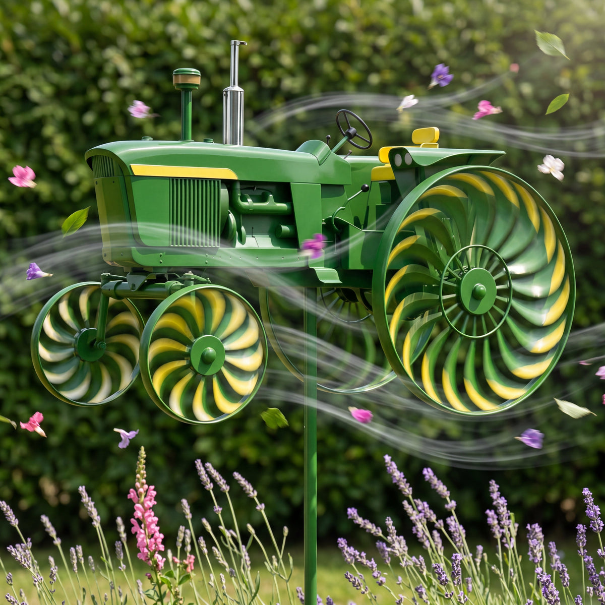 Green vintage tractor wind spinner turning in a flower garden