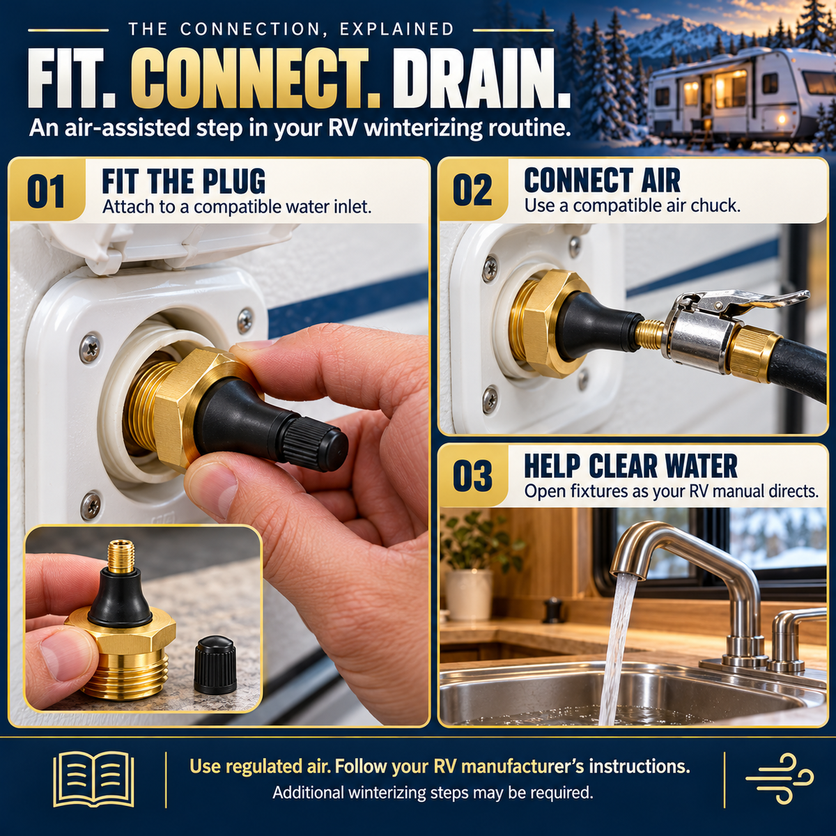 RV winterizing adapter connection sequence for compatible water inlet and air chuck