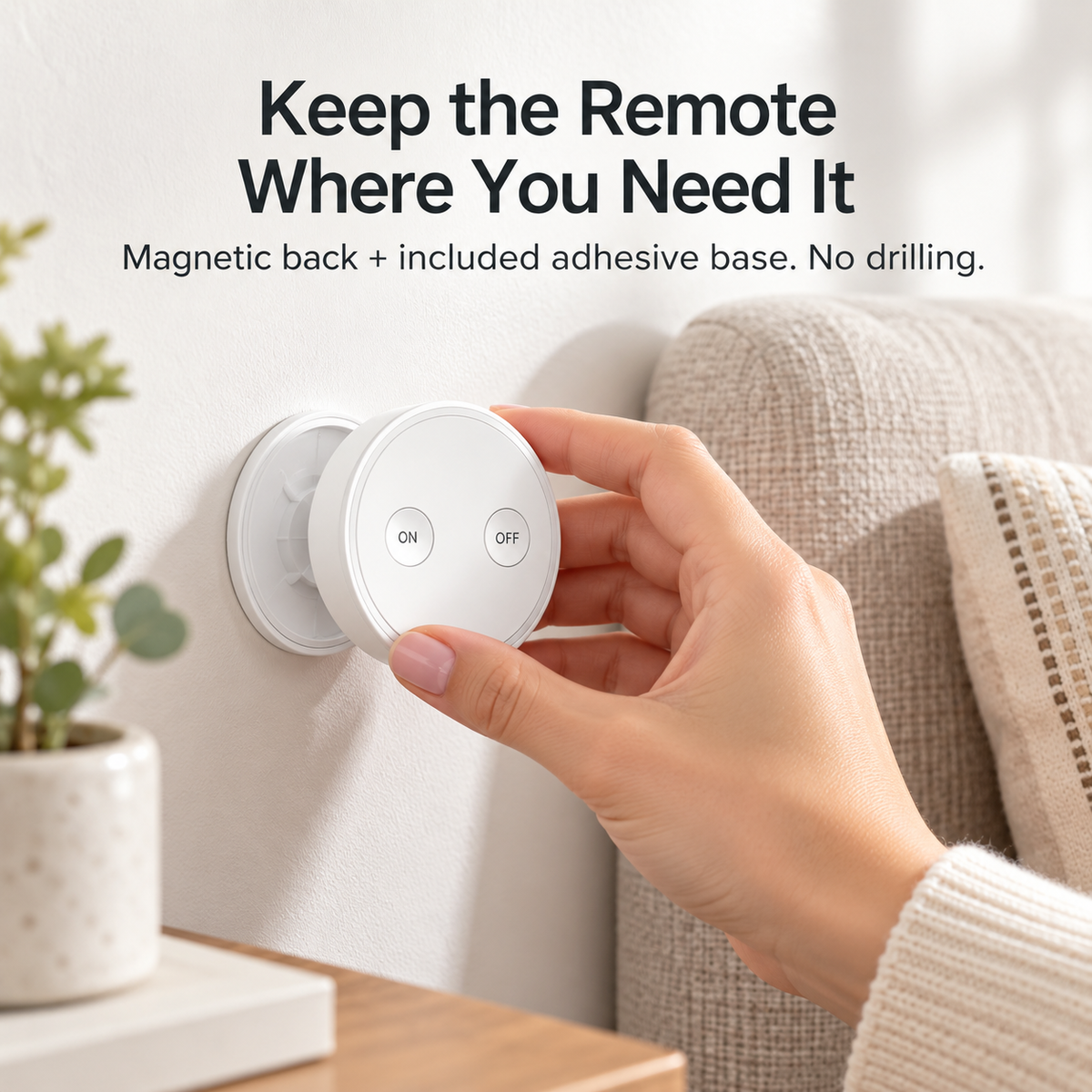 Wireless remote with magnetic back and adhesive wall base