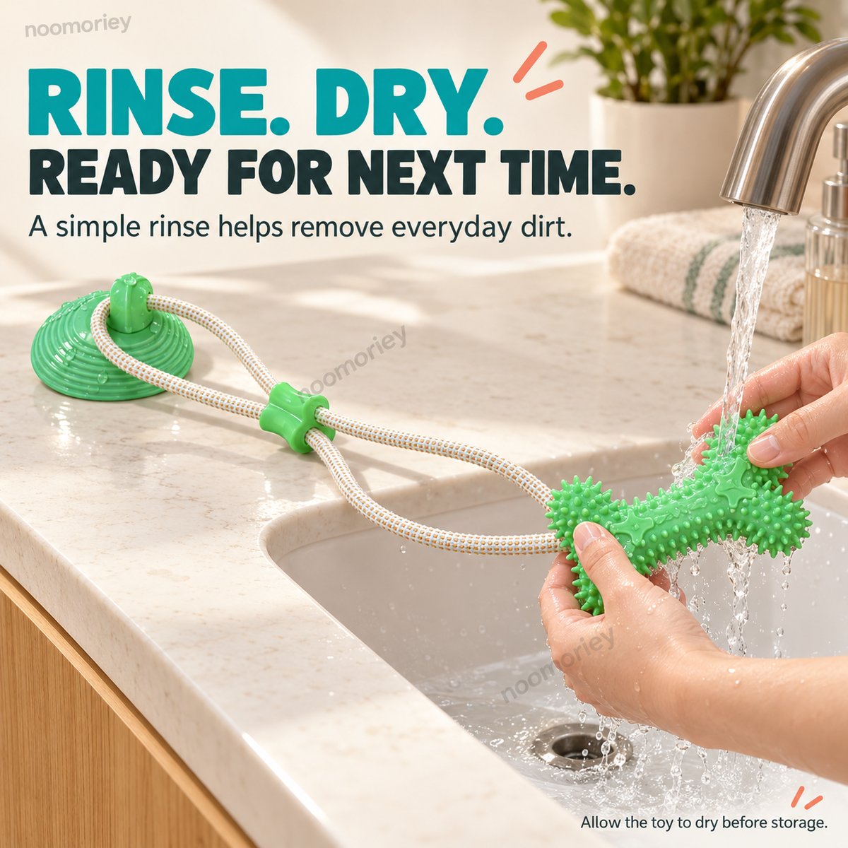 Rinsing and drying the dog tug toy after play