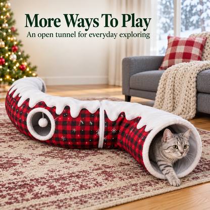 🎄🐱 Christmas Cat Tunnel & Tree Skirt – Cozy Plaid Hideaway with Hanging Pom-Pom | 2-in-1 Holiday Cat Play Tunnel ✨