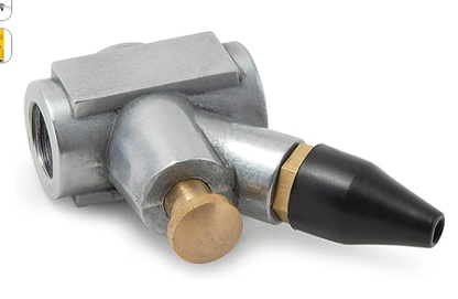Standalone metallic high-pressure air nozzle with brass-colored fittings and black tapered outlet