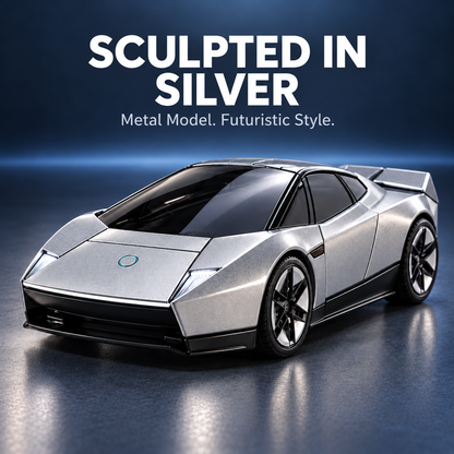 Sculpted silver futuristic sports car in car mode