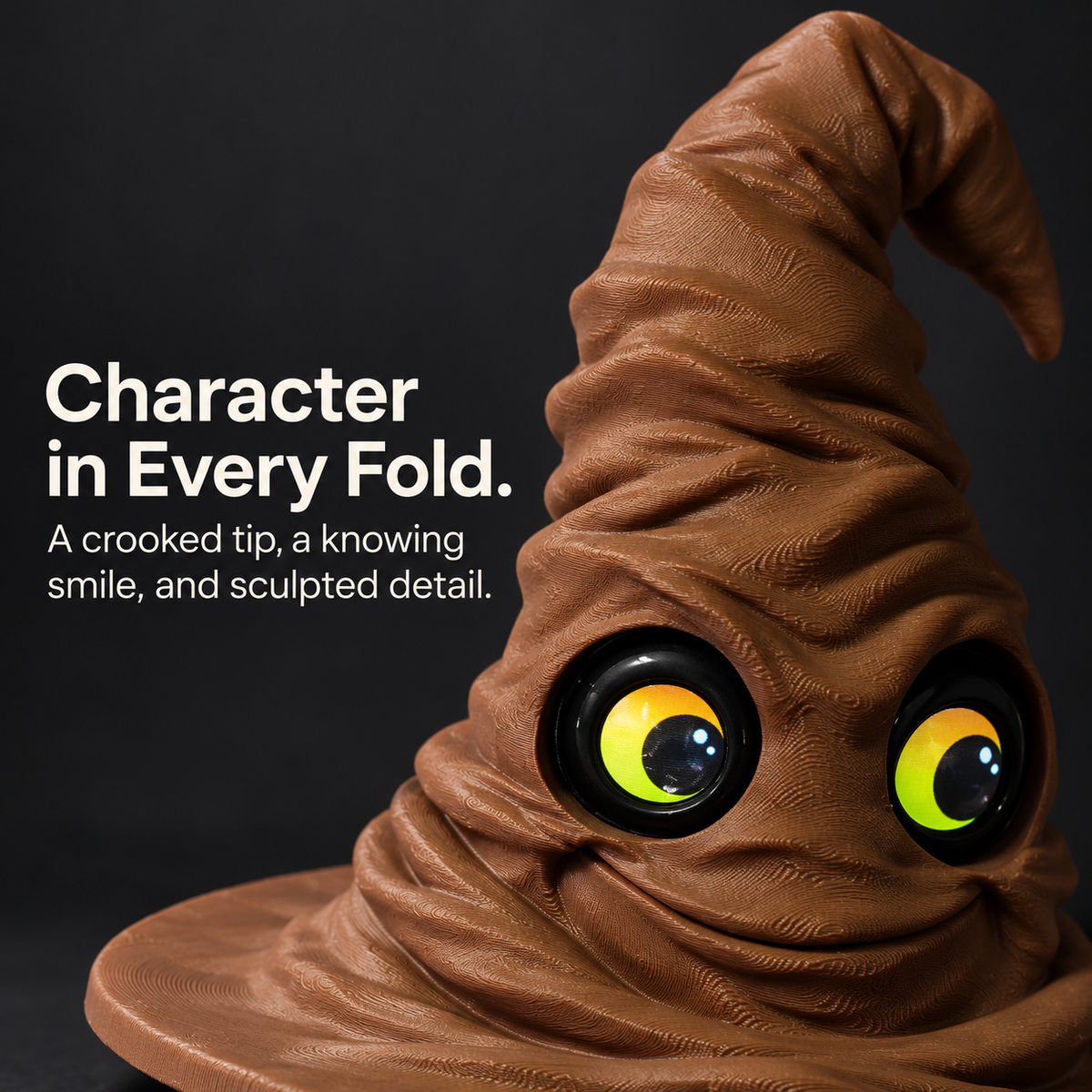 Close-up of the brown magic hat's crooked tip, sculpted folds and expressive face against a dark background